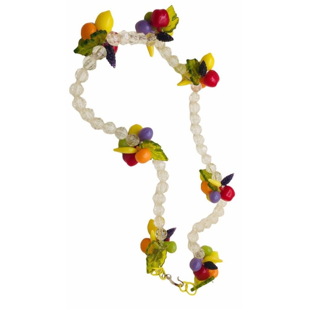 Vtg Fruit Salad Necklace Choker Grapes Banana Apple Plum Faceted Clear Beads 50s